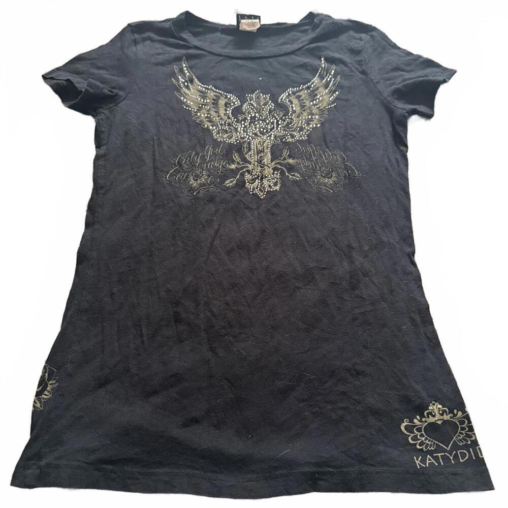KatyDid Faith Wings Cross Graphic Tee Large Y2K Rhinestone Gold